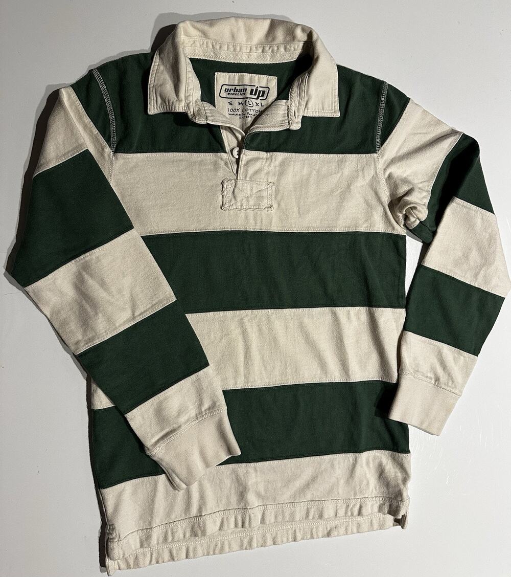 Urban Pipeline Rugby Shirt Boys Sz large Green White Striped Preppy Collared